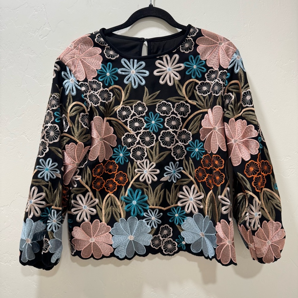 Valentino Blouse Embroidered Floral Black Multicolor Women's Large Italy
